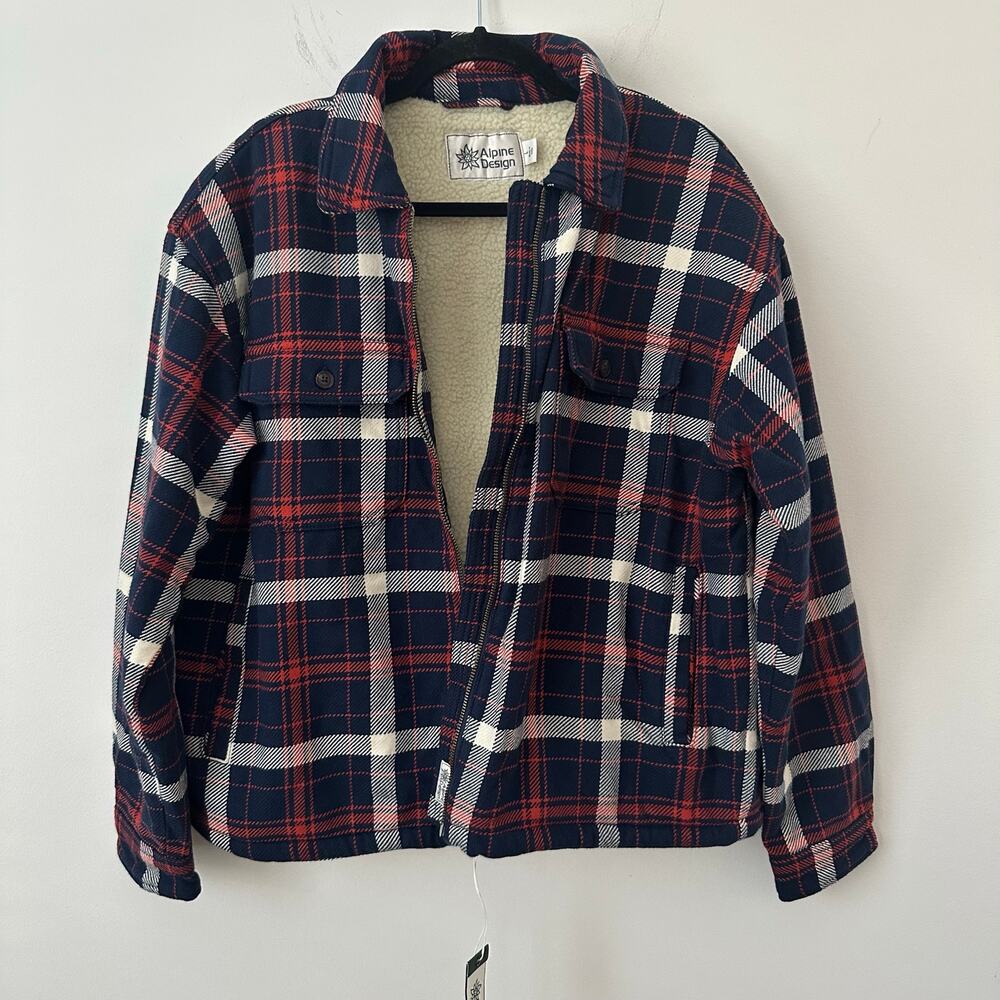 Alpine Design Women's Sherpa Lined Full Zip Shirt Jacket, Large, Navy/Red Plaid